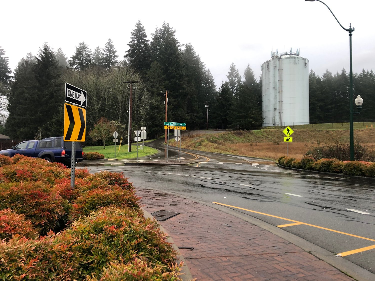 The westernmost access point to LBA Woods is just east of the roundabout at the junction of Log Cabin Road SE and Boulevard Rd SE in south Olympia.