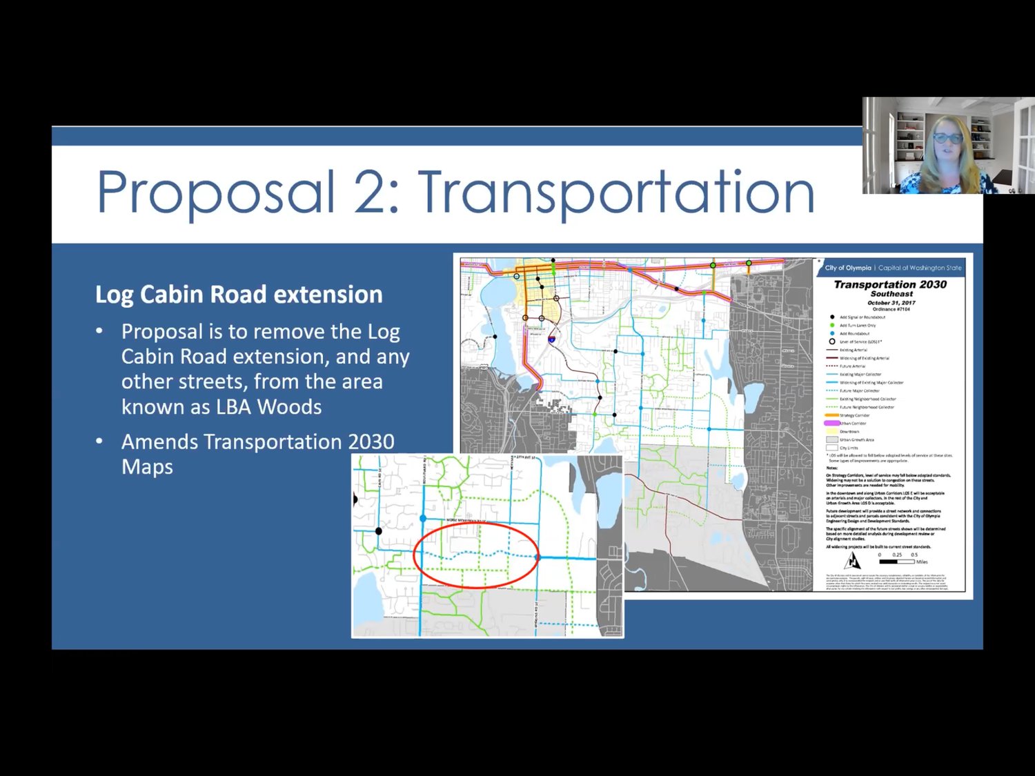 Joyce Phillips, Olympia senior planner, presents graphics of the general area of a proposed road extension project through LBA Woods on Feb. 9, 2021. Numerous local advocates voiced opposition to the project.