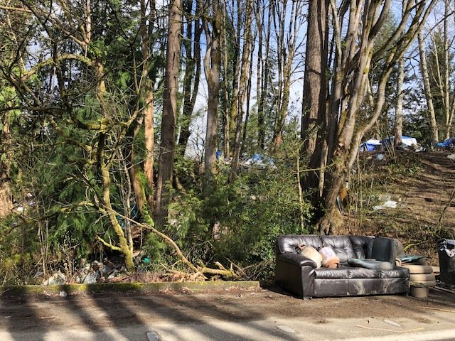 Trash is shown both far away from and next to the temporary structures used by those who are camping on the state property next to Wheeler Ave SE in Olympia. Photo taken on March 9, 2021.