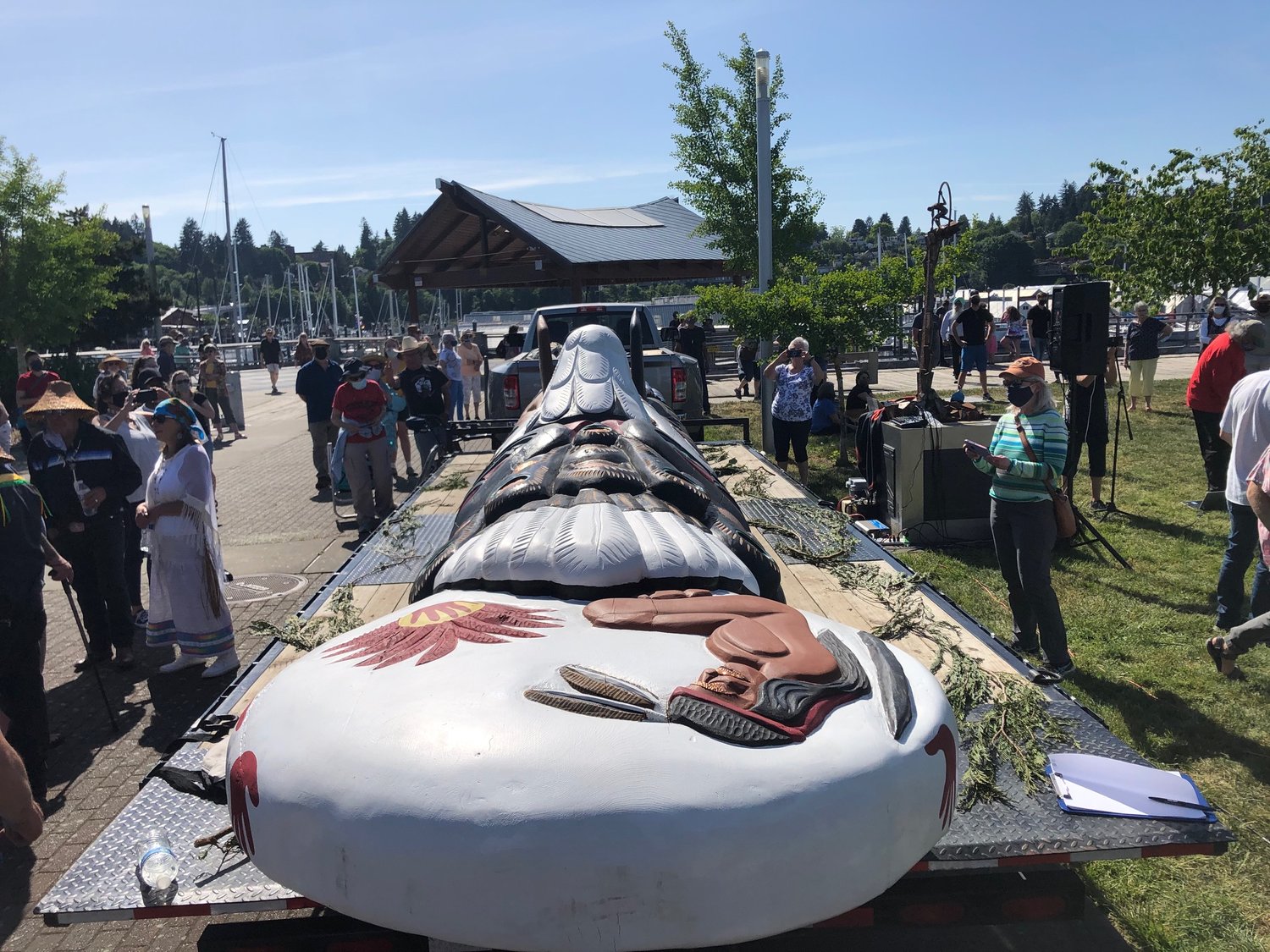 This is a view of the new totem pole from its top end, taken at Percival Landing in Olympia, May 15, 2021.