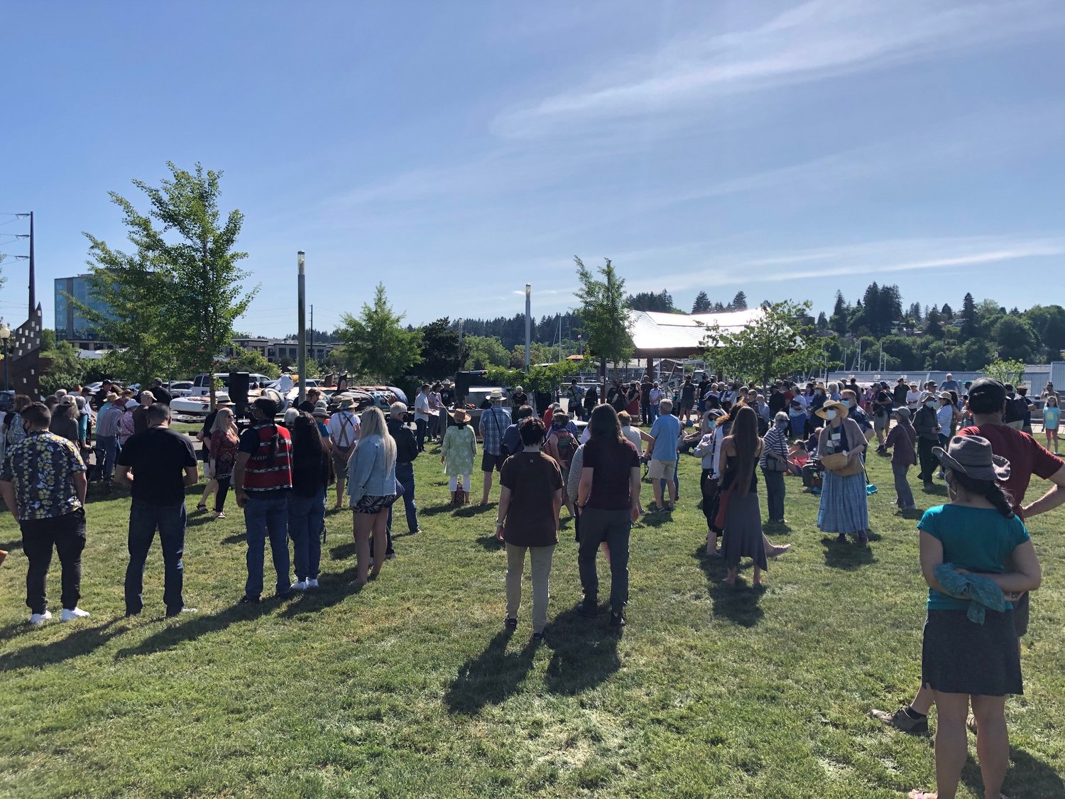 Some 200 people attended a dedication ceremony for The 2021 Red Road to DC Totem Pole Journey to Protect Sacred Sites, in which Lummi Nation carvers will travel across the U.S. to deliver their new totem pole.