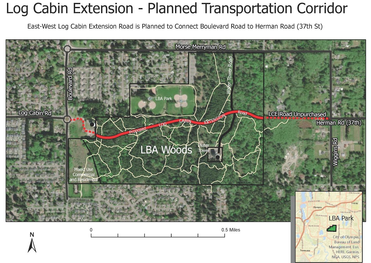 The proposed Log Cabin Road Extension would connect North Street-Log Cabin Road in Olympia with Herman Road-37th Ave SE in Lacey.