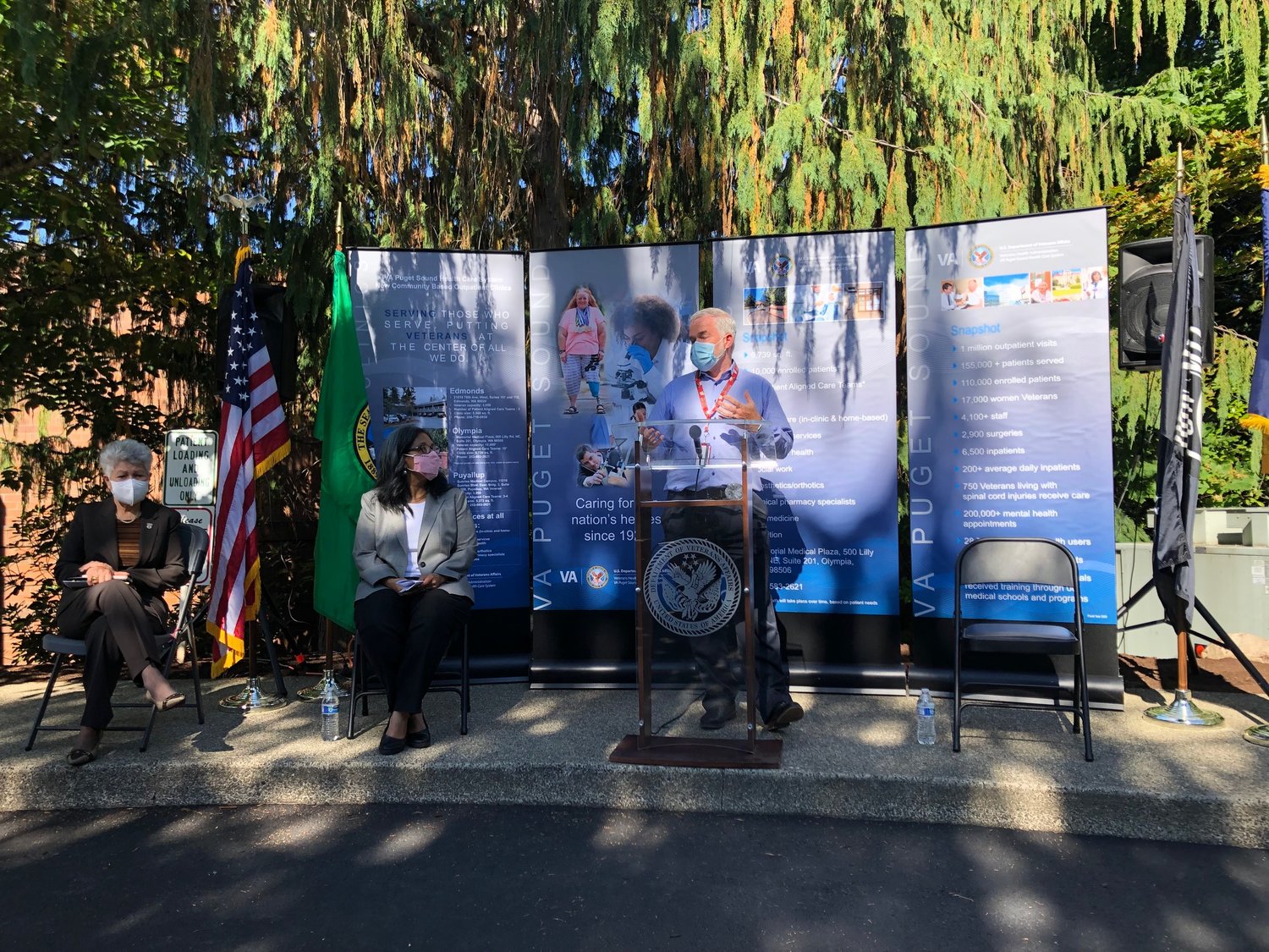 At a brief outdoor ceremony on Aug. 12, 2021 to celebrate the opening of the new VA Olympia Outpatient Clinic, three speakers spoke for less than three minutes each. From left to right: Alfie Alvarado-Ramos, director of the Washington Department of Veterans Affairs; Congresswoman Marilyn Strickland; Michael Tadych, director of the VA Puget Sound Health Care System.