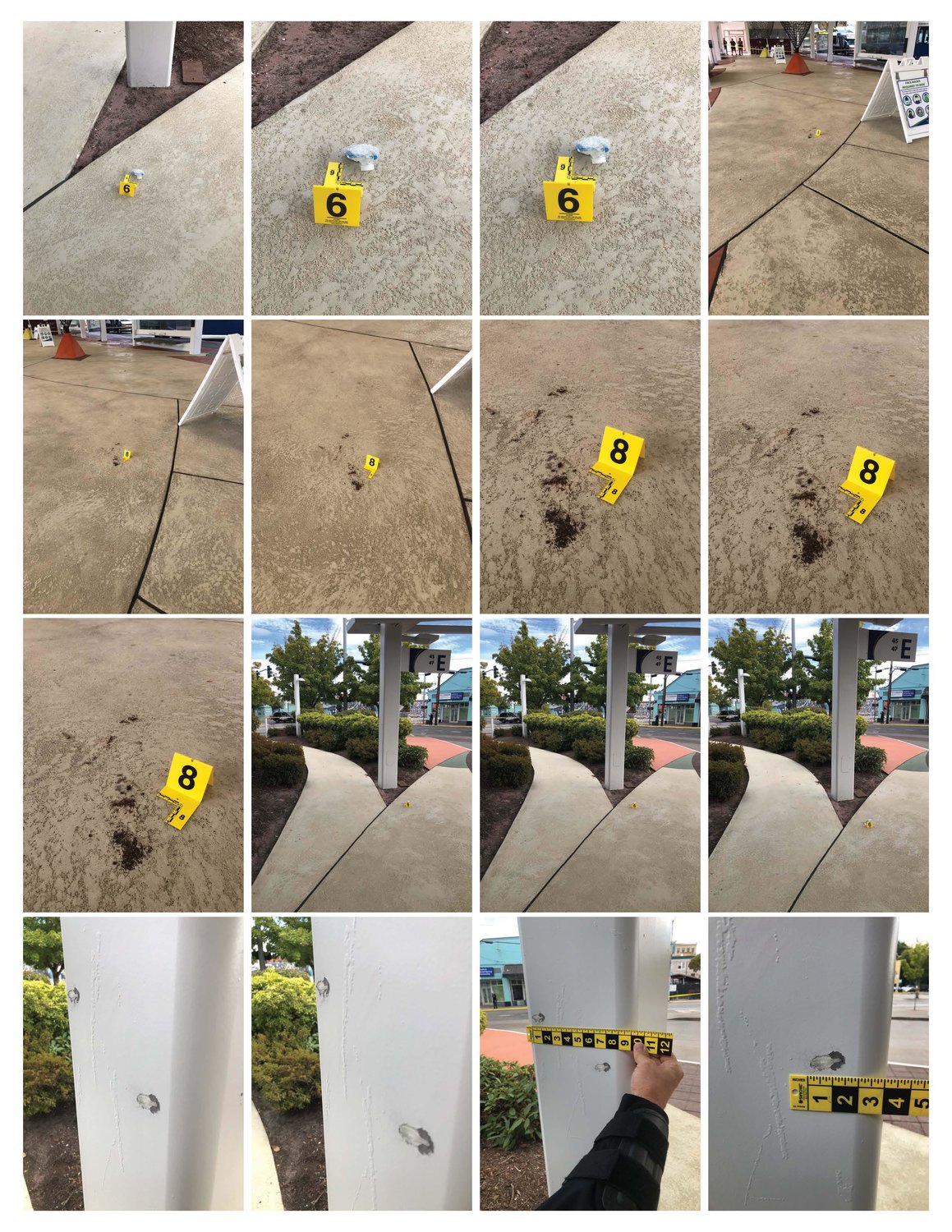 This is one of more than 24 pages of photos taken by police on Sept. 4, 2021; this shows police marking the location of spent cartridges and nicks from bullets.