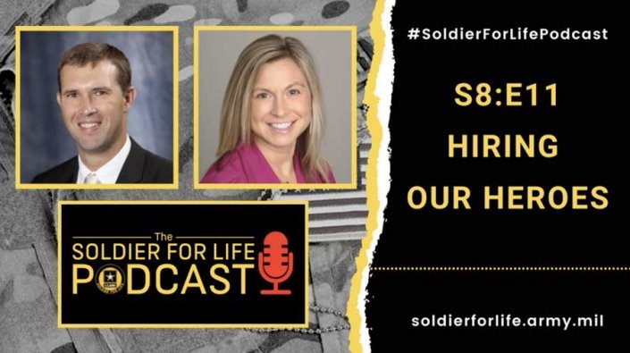 Meredith Lozar heads Hiring Our Heroes, and part of her work entails helping military spouses who struggle with building careers even as they follow their husbands or wives from base to base. Eric Eversole, left, and Lozar spoke about employment resources with Lt. Col. Olivia Nunn on the #SoldierForLifePodcast.