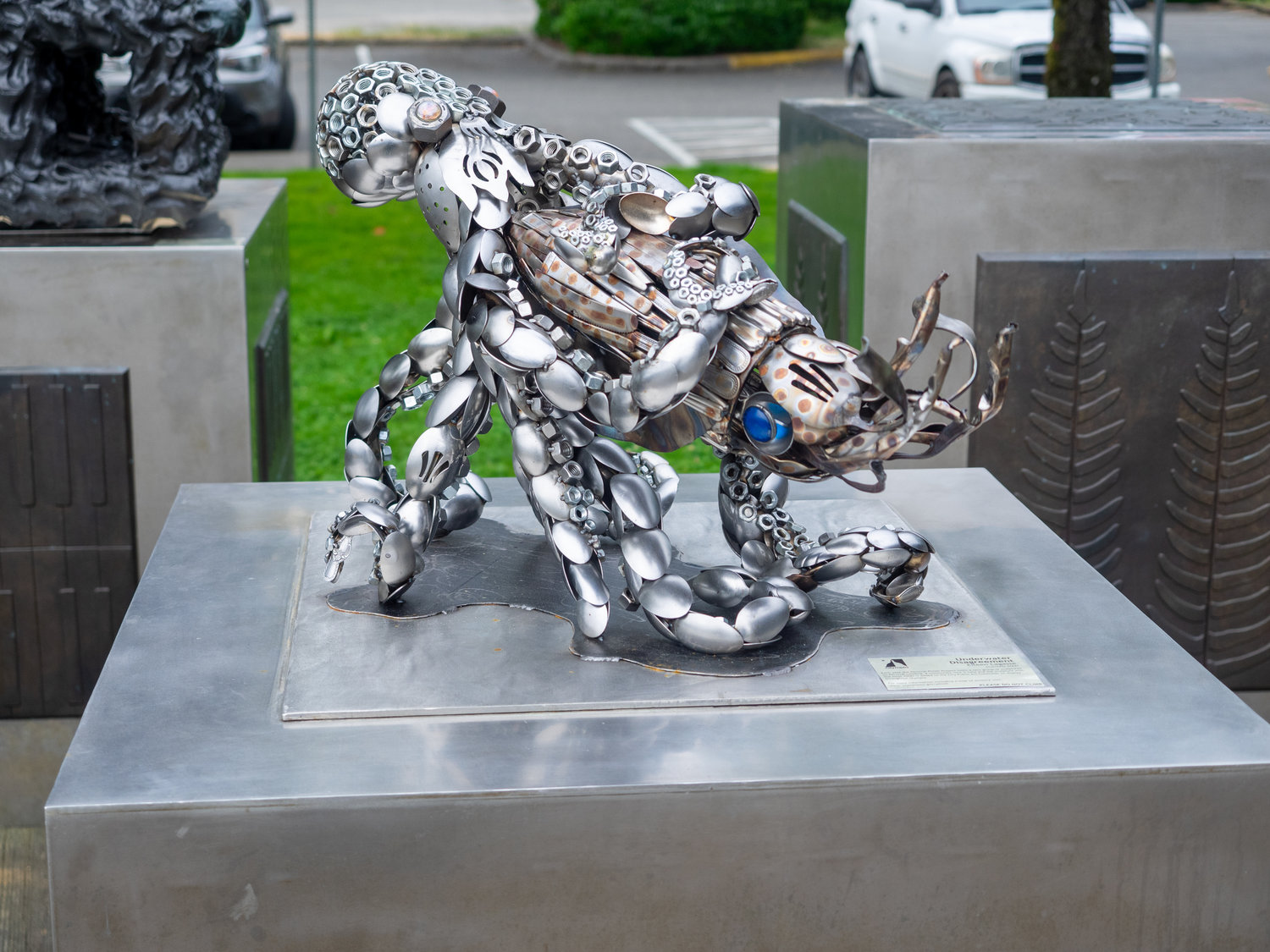 Underwater Clash by Eileen Lagasse.  Medium stainless steel.  Percival Plinth Project sculptures on Percival Landing.
