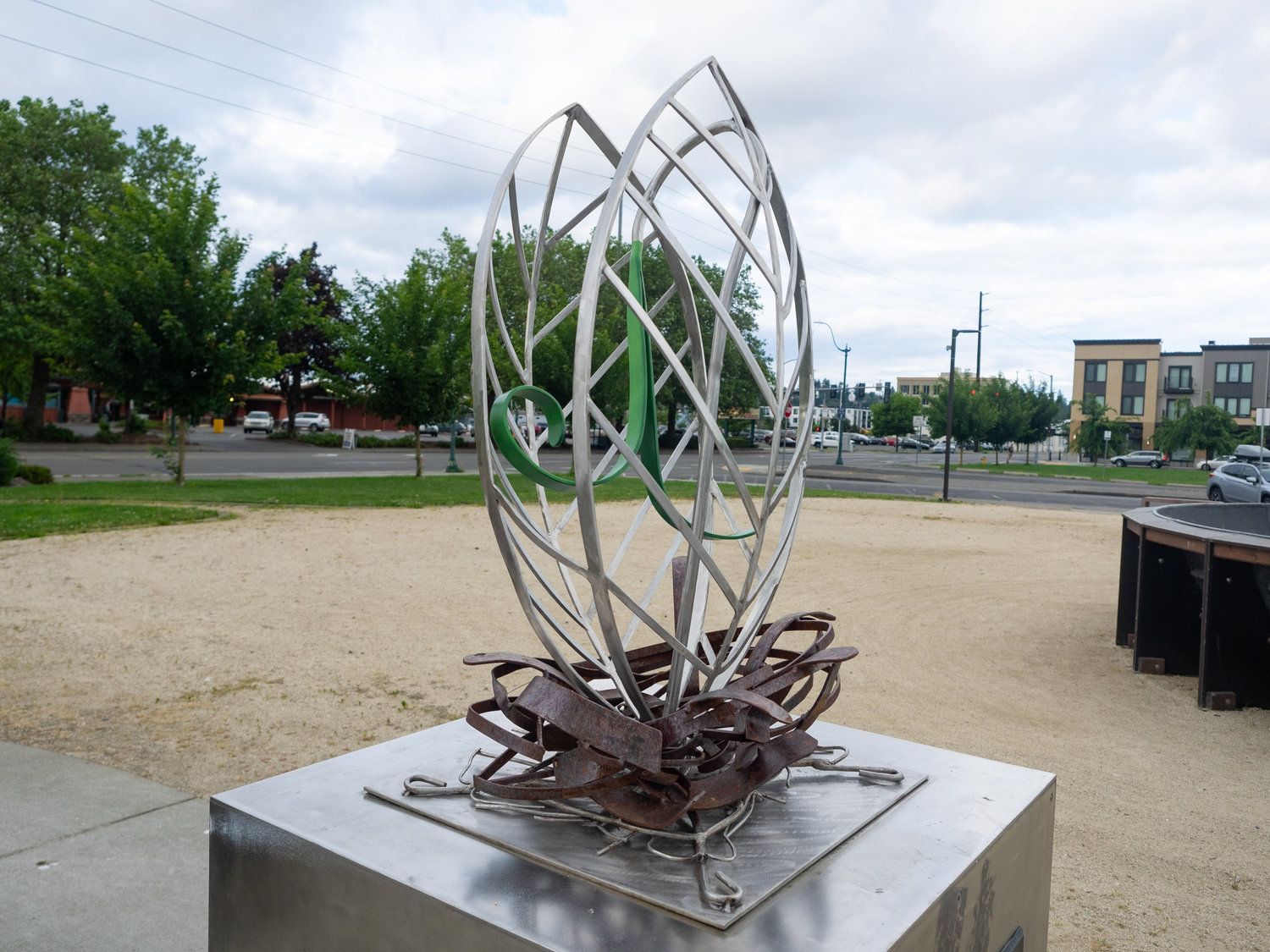 Sprout by Ken Turner.  Mild steel and stainless steel.  Percival Plinth Project sculptures on Percival Landing.