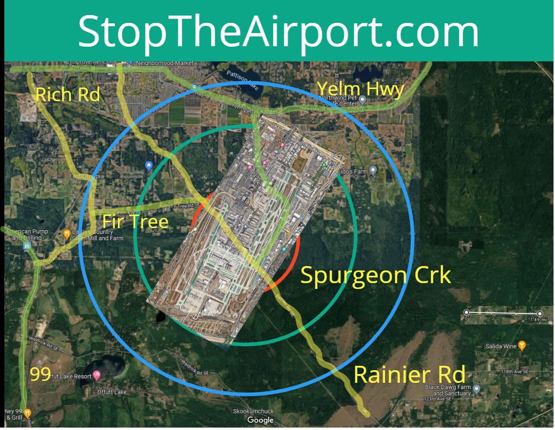 This image shows Los Angeles International Airport superimposed over the "Central Thurston" site being considered by the state legislature for creation of a new large commercial airport. The circles are shown at radiuses of two, four and six miles from the center.