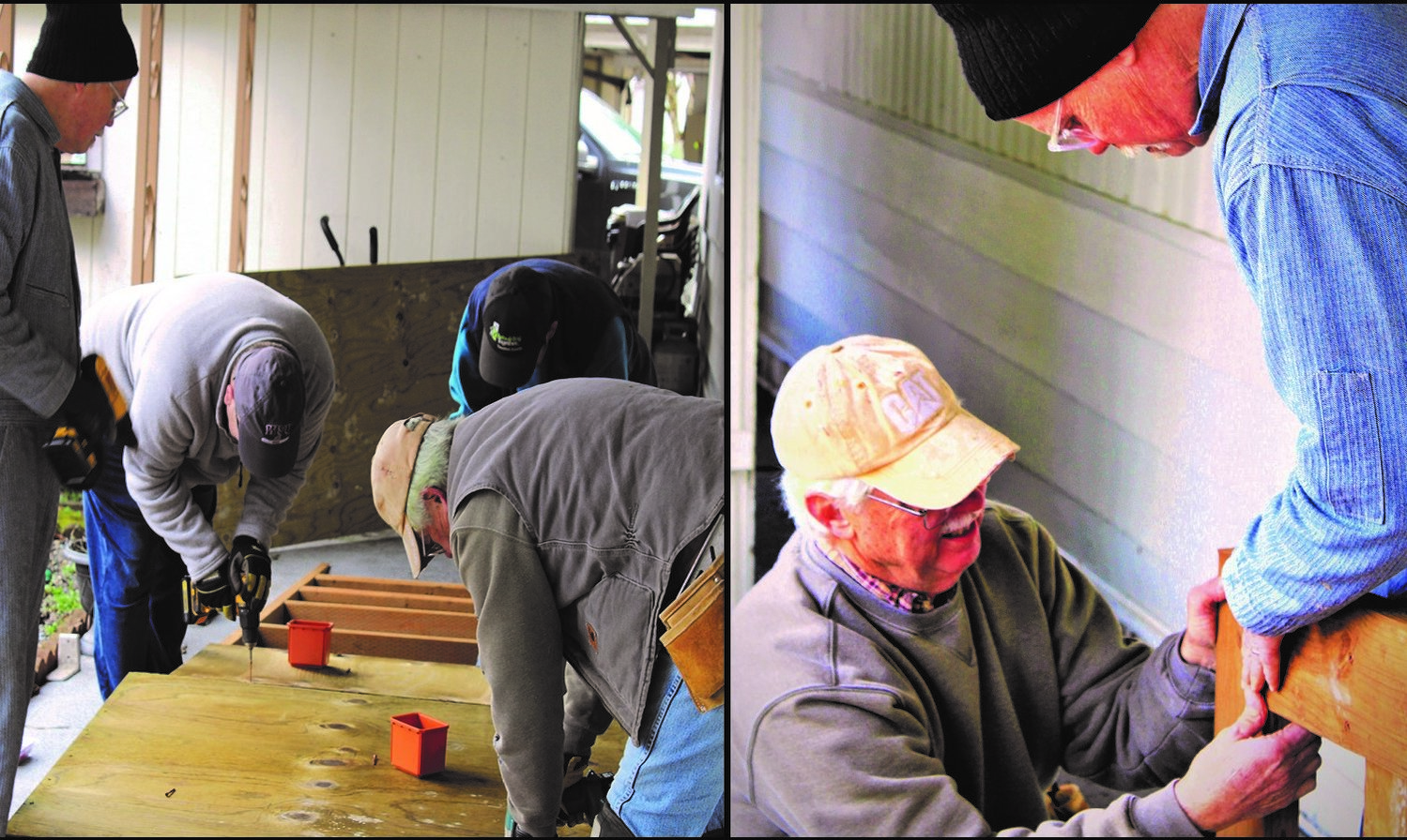 (L) The work party works.  (R) Olympia Rotarians Steve Barney and Paul Knox install a handrail on the wheelchair ramp.