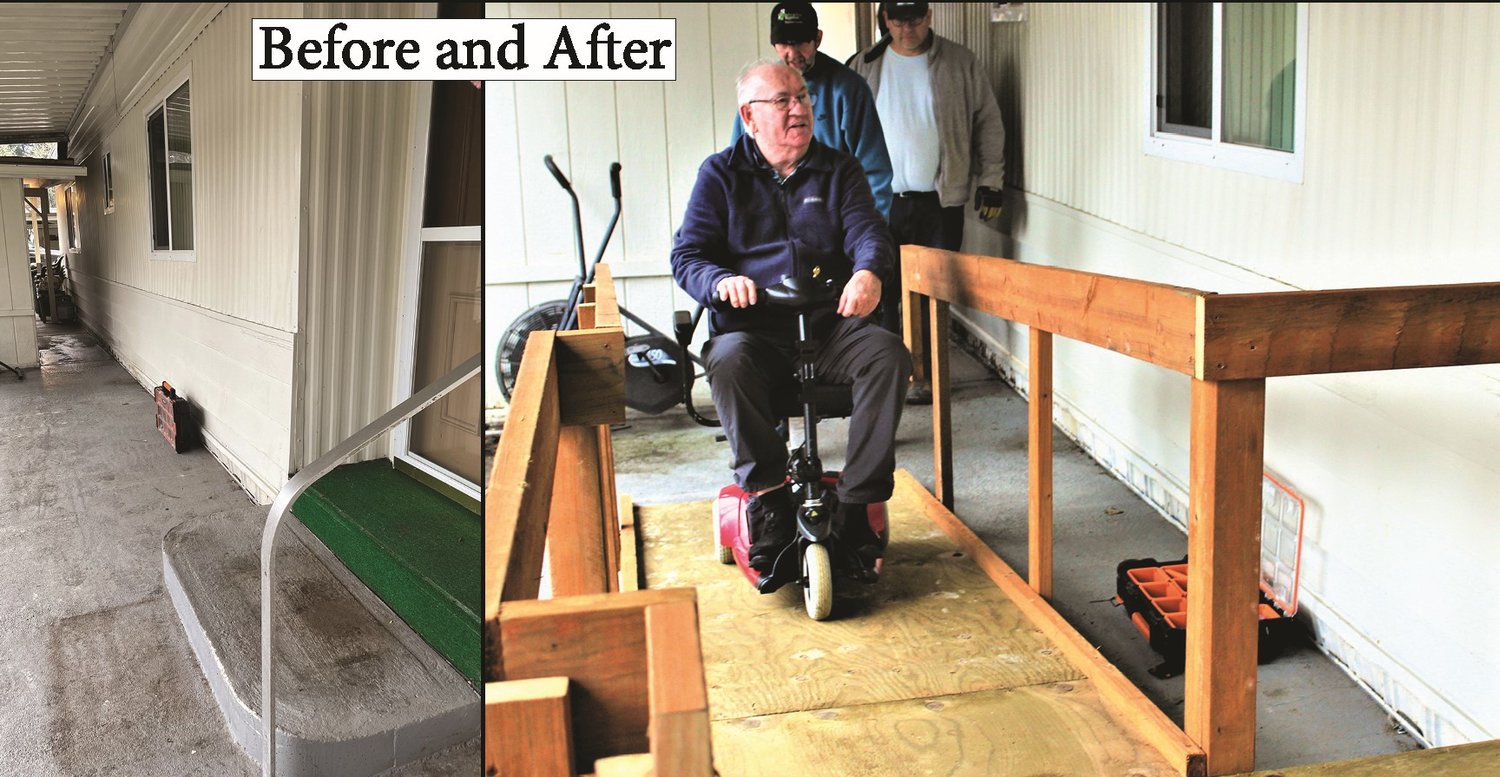 Before and after the ramp installation, with Del using his wheelchair to navigate.