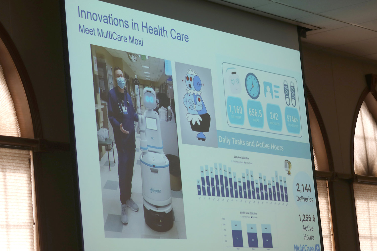 MultiCare's Moxi was introduced at the Thurston County Chamber of Commerce's March 2023 Forum, several months in advance of Moxi's appearance at Capital Medical Center.