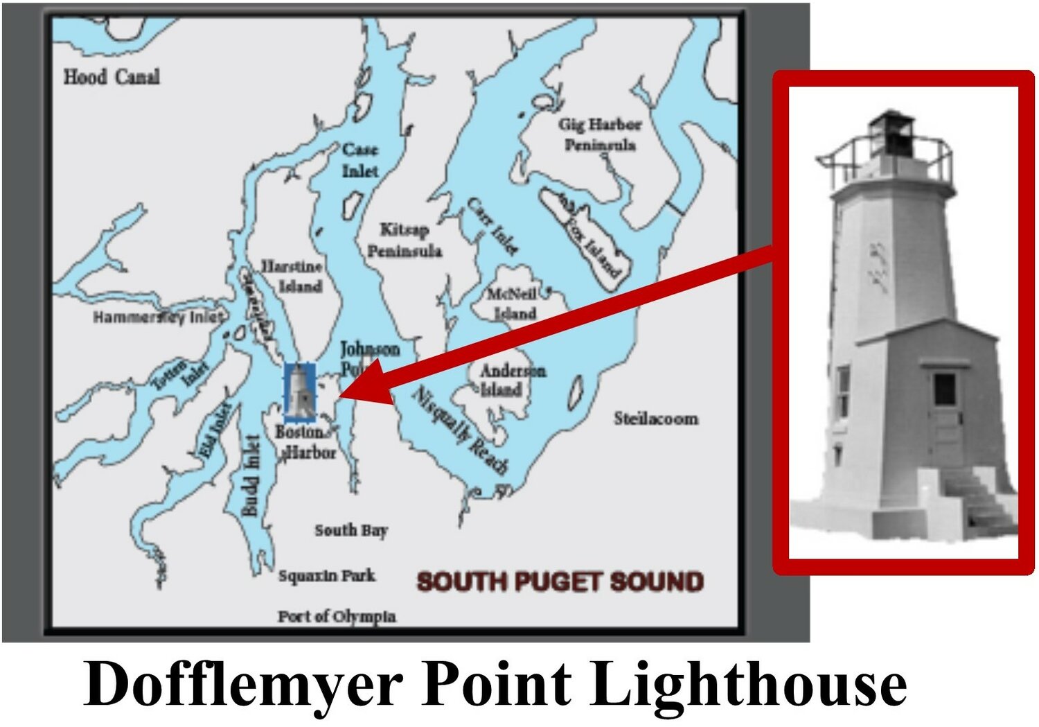 A 1934 image of the Dofflemyer Point lighthouse from the U.S. Coast Guard paired with a South Puget Sound map, courtesy of the WA State Department of Fish and Wildlife Center.